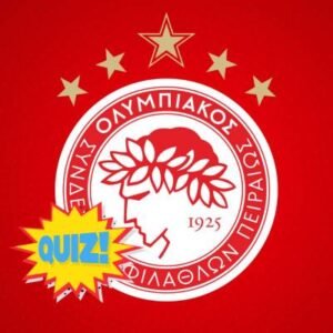Λογότυπο Ολυμπιακού Πειραιώς με τον δαφνοστεφανωμένο έφηβο και πέντε χρυσά αστέρια, και προσθήκη "QUIZ!" σε κίτρινη σπινθήρα.